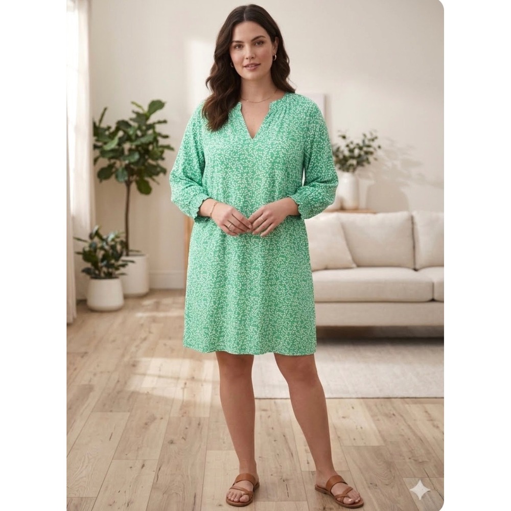 Draper James Midi ShiftDress L Green Leaf VNeck 3/4 Sleeve Boho Southern Cottage